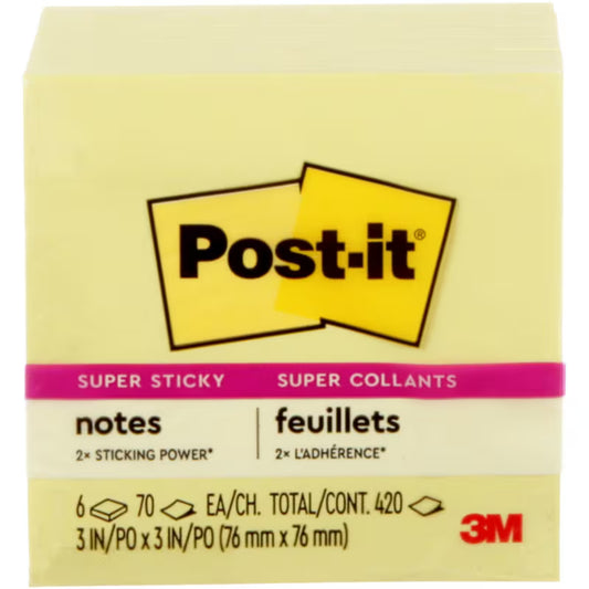 Post-it Super Sticky Notes (Canary Yellow, 3in x 3in, 420 Sheets), 1 Count