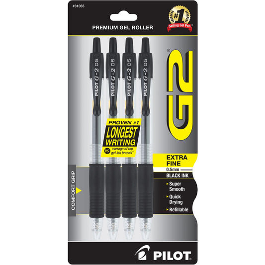 Pilot G2 Premium Retractable Gel Ink Pens (Extra Fine Point 0.5mm, Black Ink), 4 Count