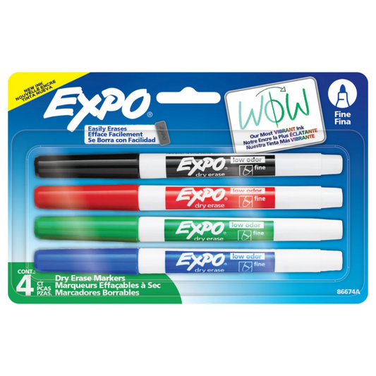 Expo Low Odour Dry Erase Markers (Fine Tip, Assorted Colours), 4 Count