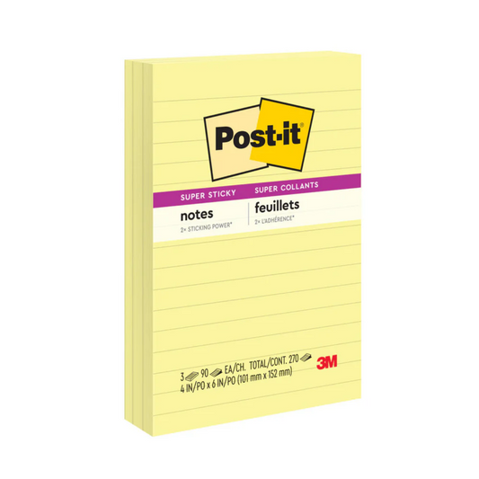 Post-it Super Sticky Sticky Notes (4in x 6in, Canary Yellow, Lined), 270 Count