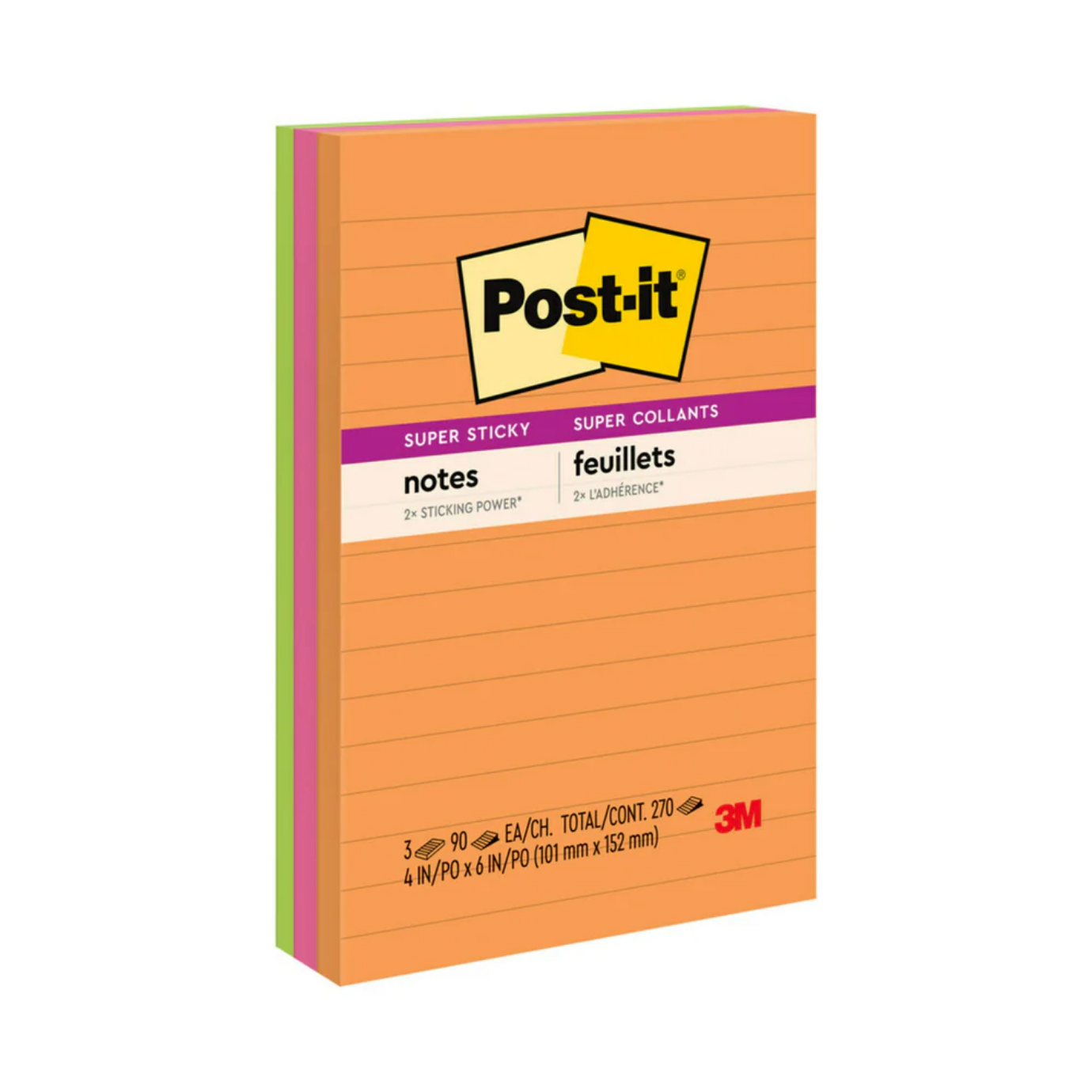 Post-it Super Sticky Sticky Notes (4in x 6in, Tri-Colour, Lined), 270 Count