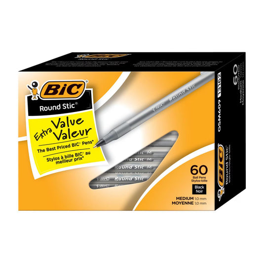 BIC Round Stic Black Ballpoint Pens (Medium-Point 1.0mm), 60 Count