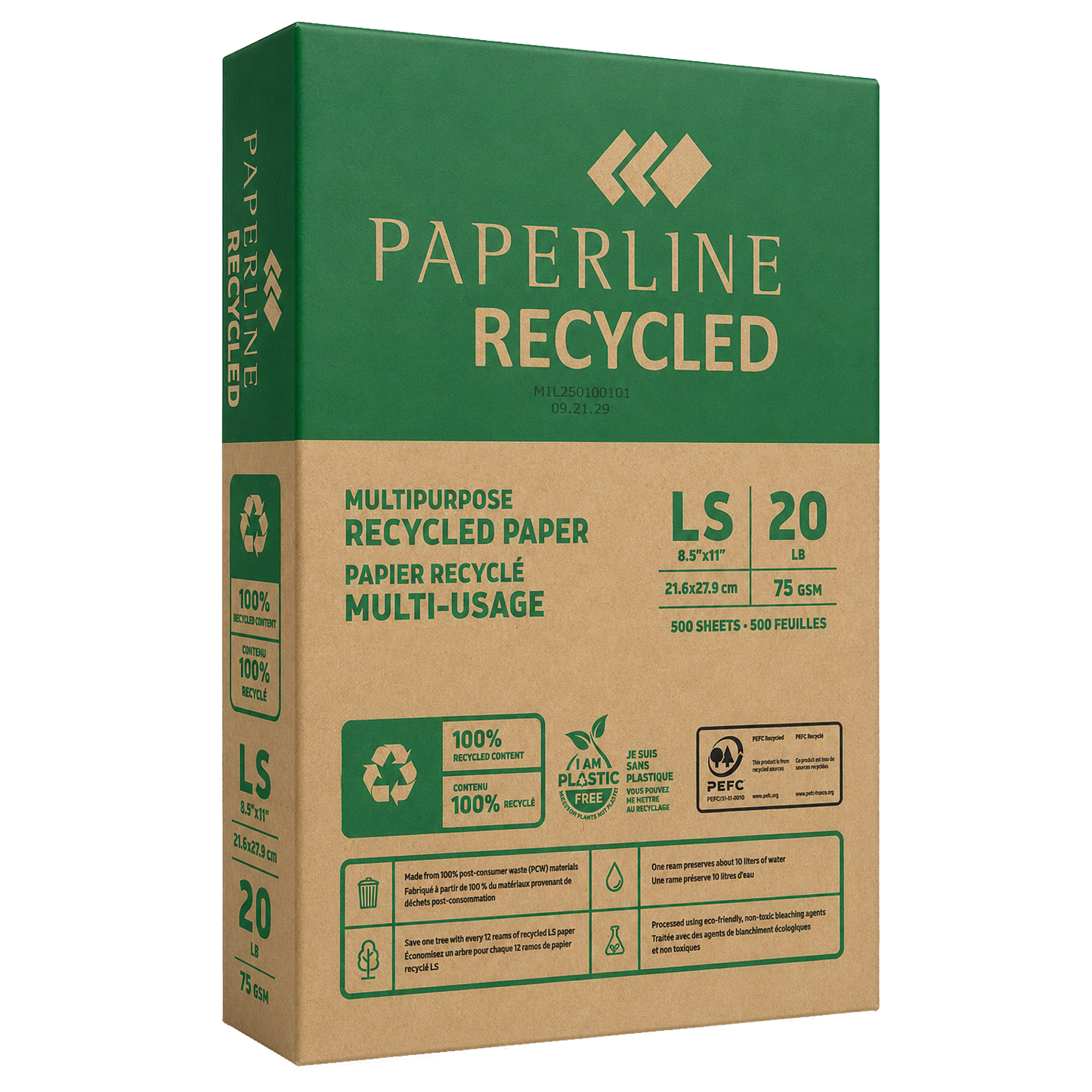 Paperline Multi-Purpose Recycled Paper – Letter Size – 8.5" × 11" – 20lb – 92 Bright – 5,000 Sheets