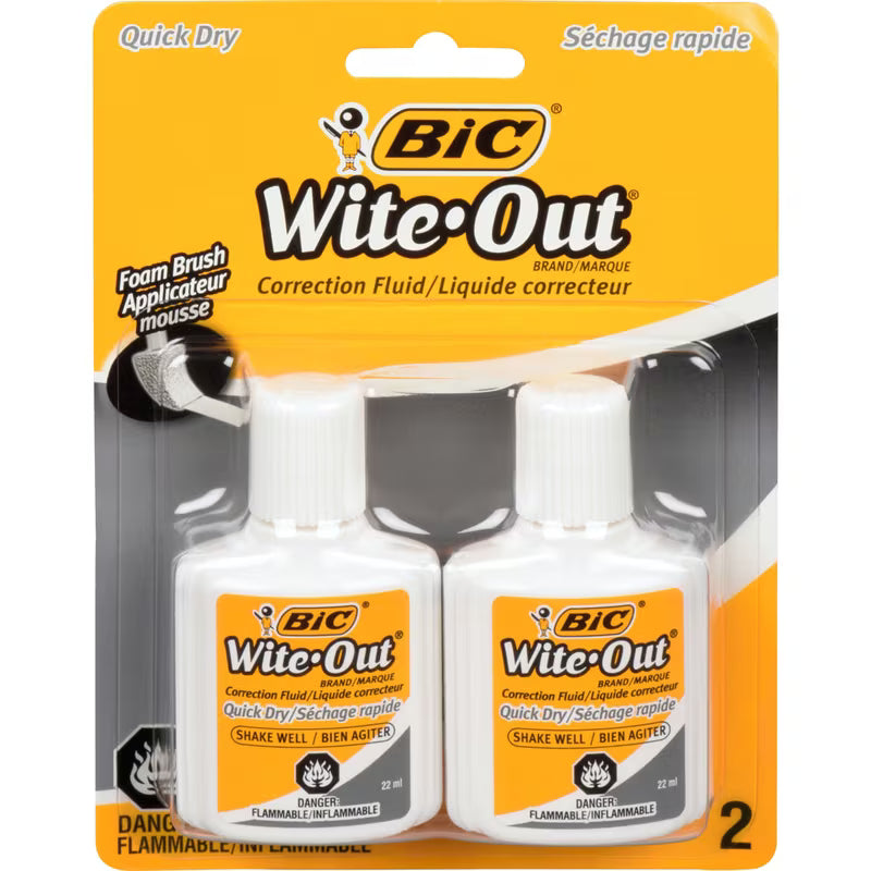 BIC Wite-Out Brand Extra Coverage Correction Fluid (22ml, White), 2 Count