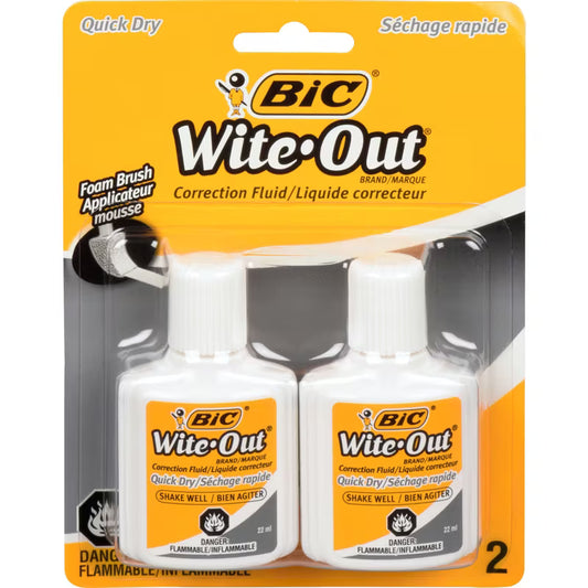 BIC Wite-Out Brand Extra Coverage Correction Fluid (22ml, White), 2 Count