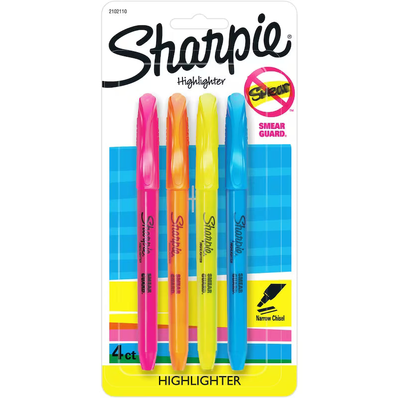 Sharpie Pocket Highlighters (Narrow Chesel, Assorted Colours), 4 Count