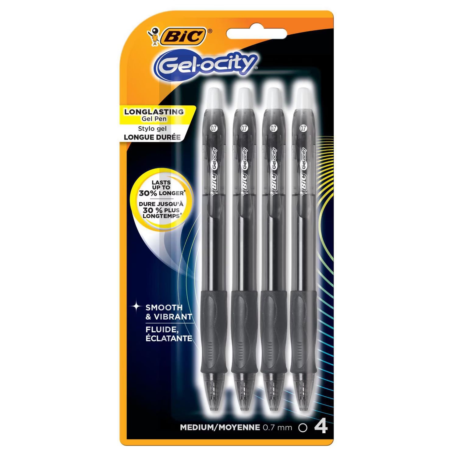 BIC Gel-ocity Retractable Gel Pen (Black Ink, Medium Point 0.7mm, Contoured Grip), 4 Count