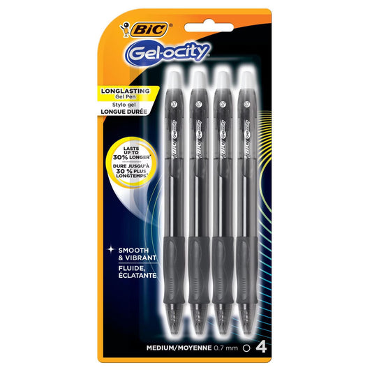 BIC Gel-ocity Retractable Gel Pen (Black Ink, Medium Point 0.7mm, Contoured Grip), 4 Count