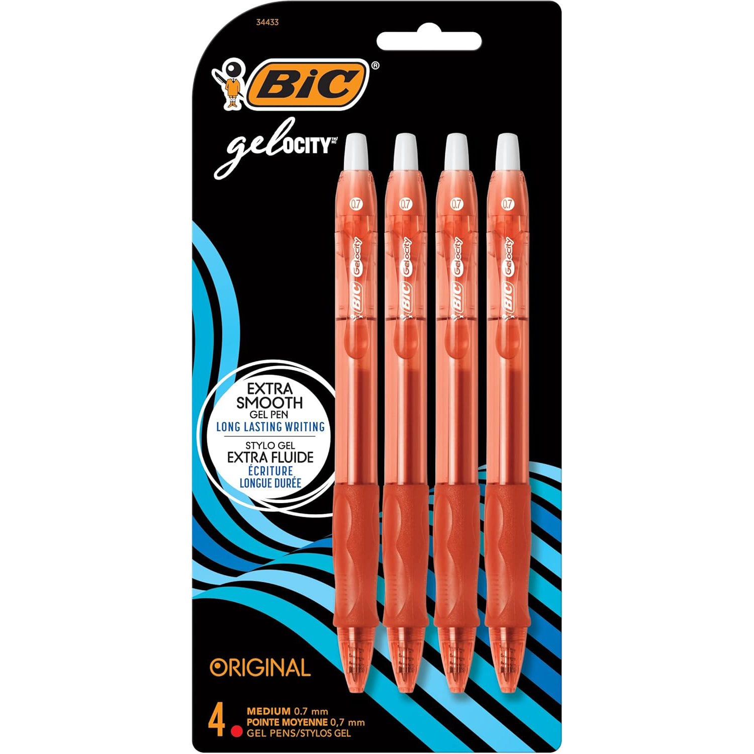 BIC Gel-ocity Retractable Gel Pen (Red Ink, Medium Point 0.7mm, Contoured Grip), 4 Count