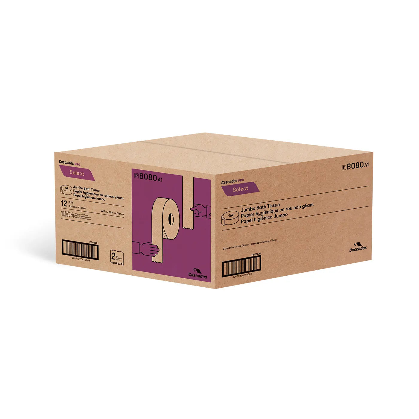 Cascades B080 Jumbo Bath Tissue (2-Ply, White, 3.25in x 500ft), 12 Rolls