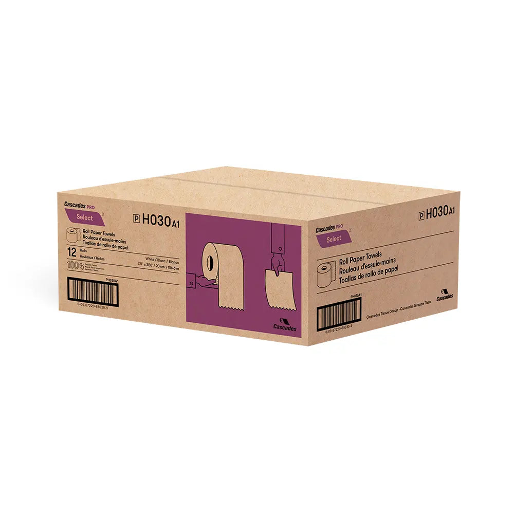 Cascades H030 Roll Paper Towel (1-Ply, White, 350ft), 12 Rolls