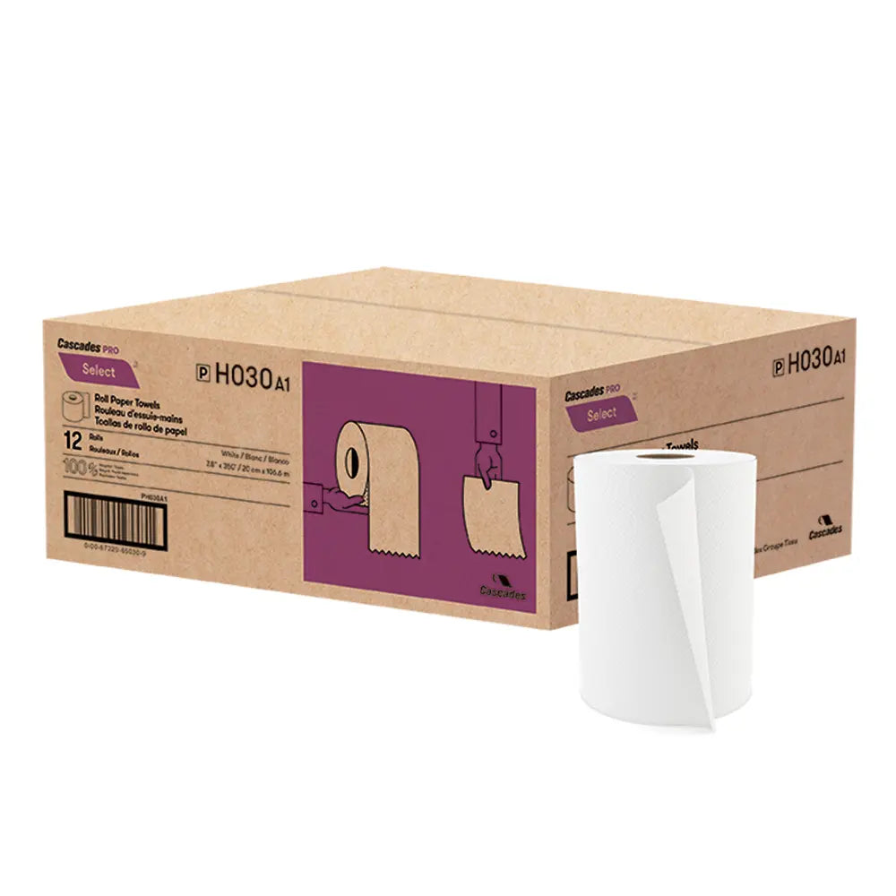 Cascades H030 Roll Paper Towel (1-Ply, White, 350ft), 12 Rolls