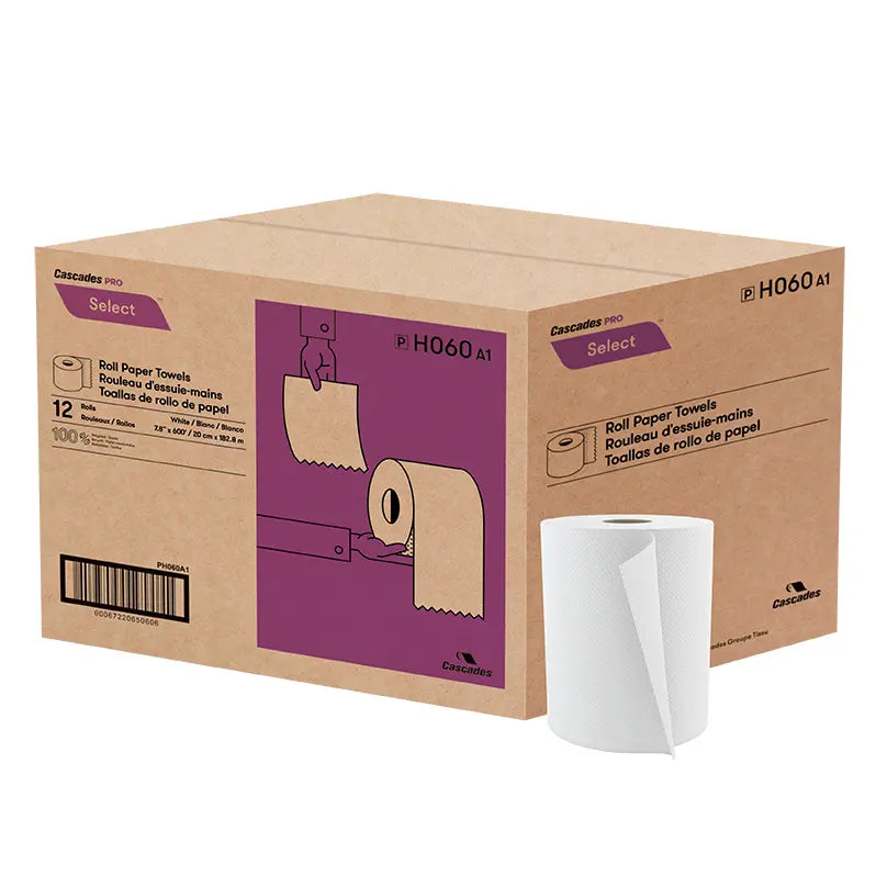 Cascades H060 Roll Paper Towel (1-Ply, White, 600ft), 12 Rolls