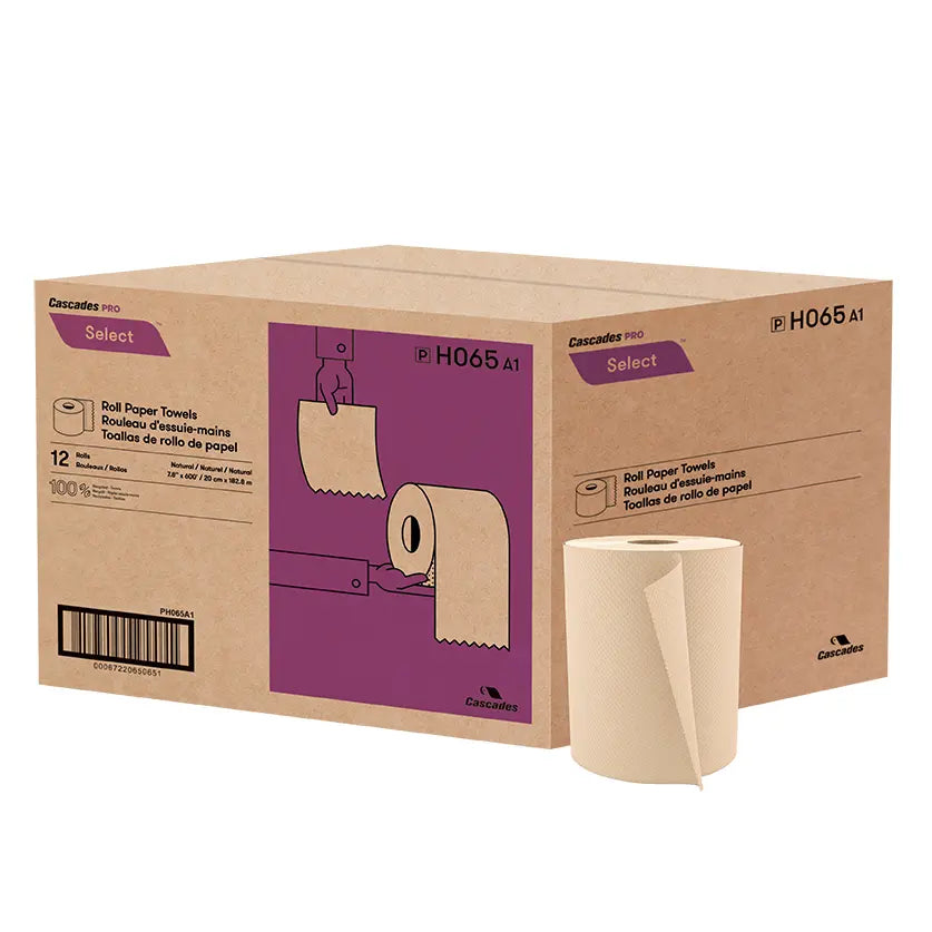 Cascades H065 Roll Paper Towel (1-Ply, Natural, 600ft), 12 Rolls