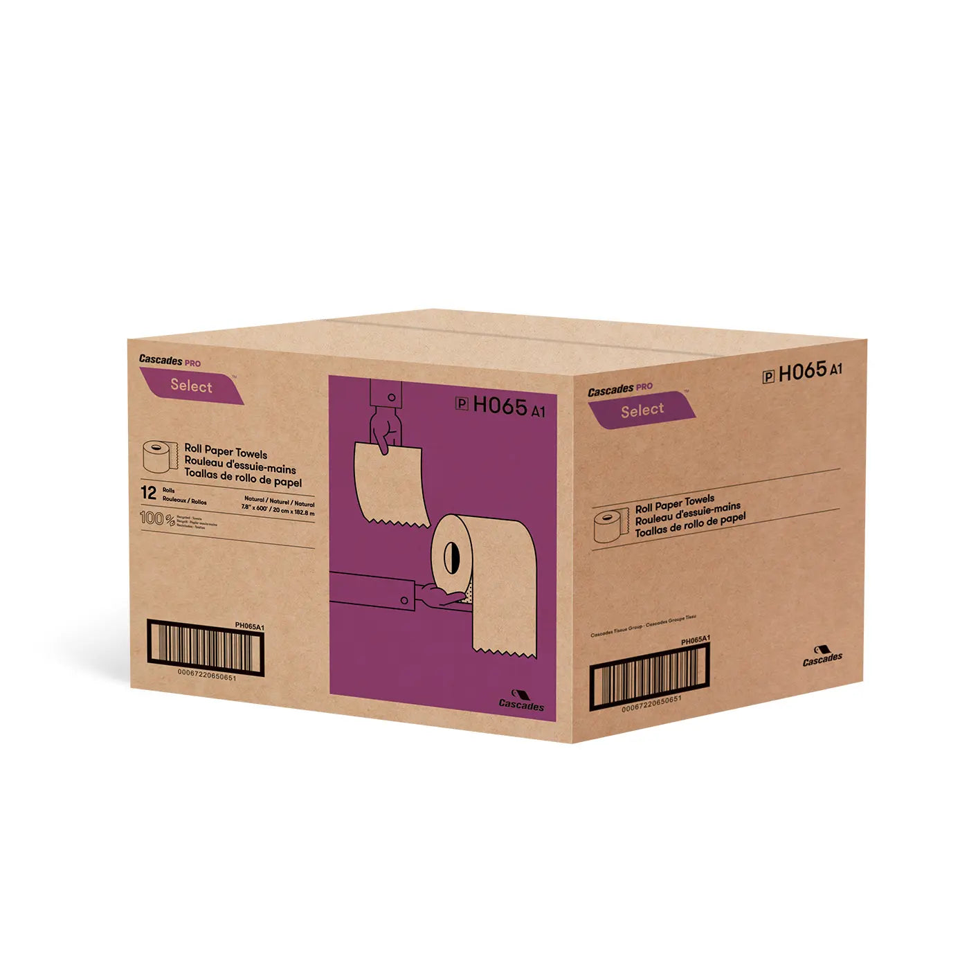 Cascades H065 Roll Paper Towel (1-Ply, Natural, 600ft), 12 Rolls