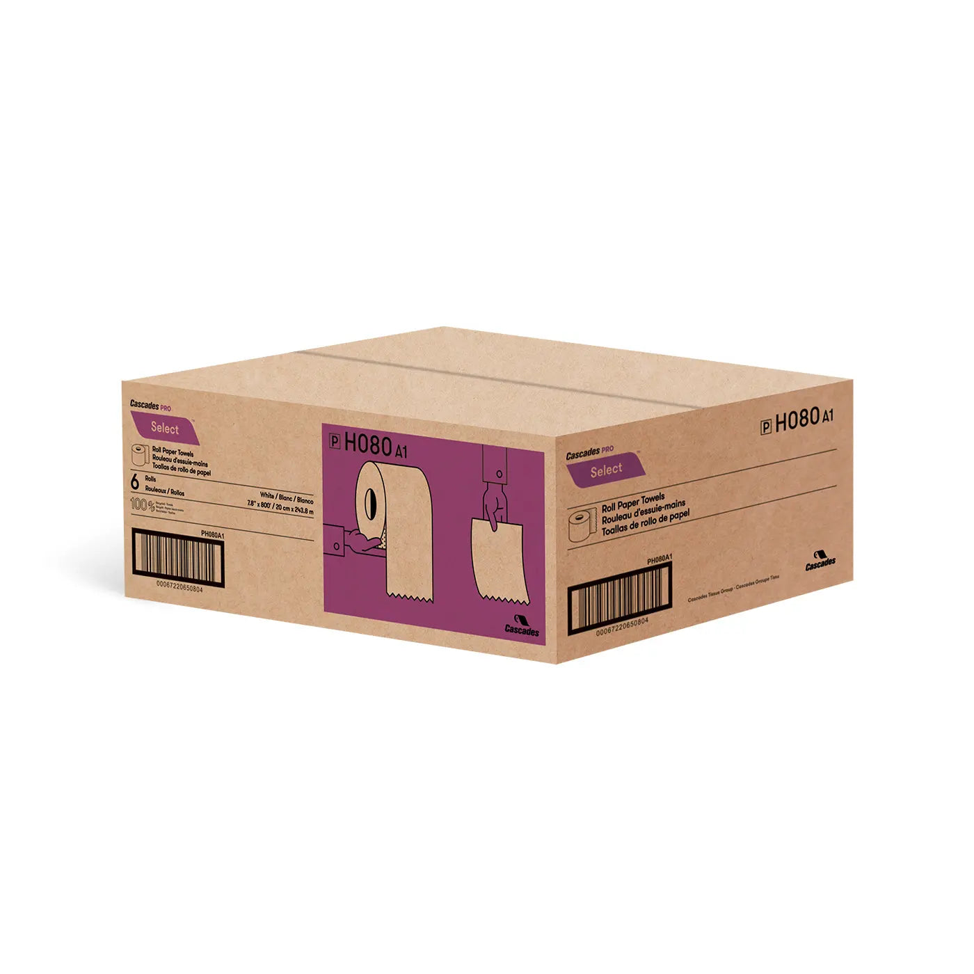 Cascades H080 Roll Paper Towel (1-Ply, White, 800ft), 6 Rolls