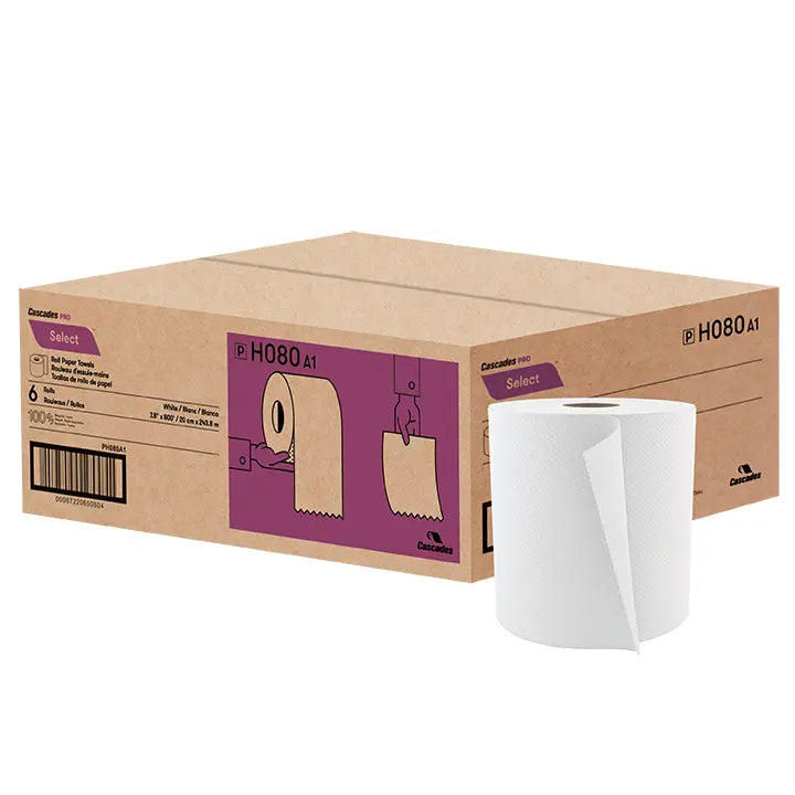 Cascades H080 Roll Paper Towel (1-Ply, White, 800ft), 6 Rolls