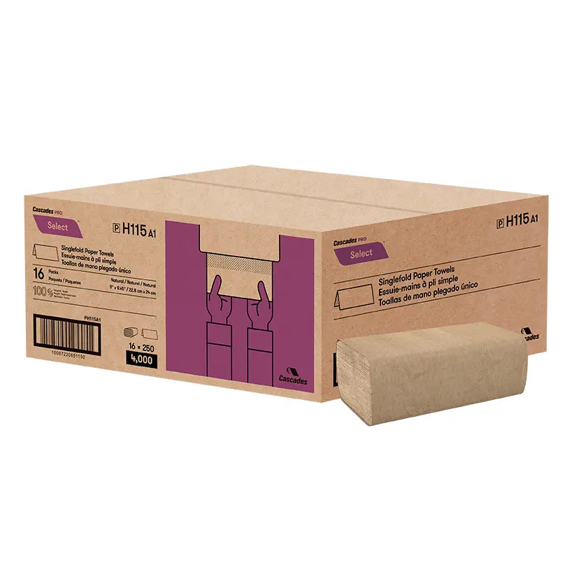 Cascades H115 Singlefold Hand Towel (1-Ply, Natural), 4000 Sheets