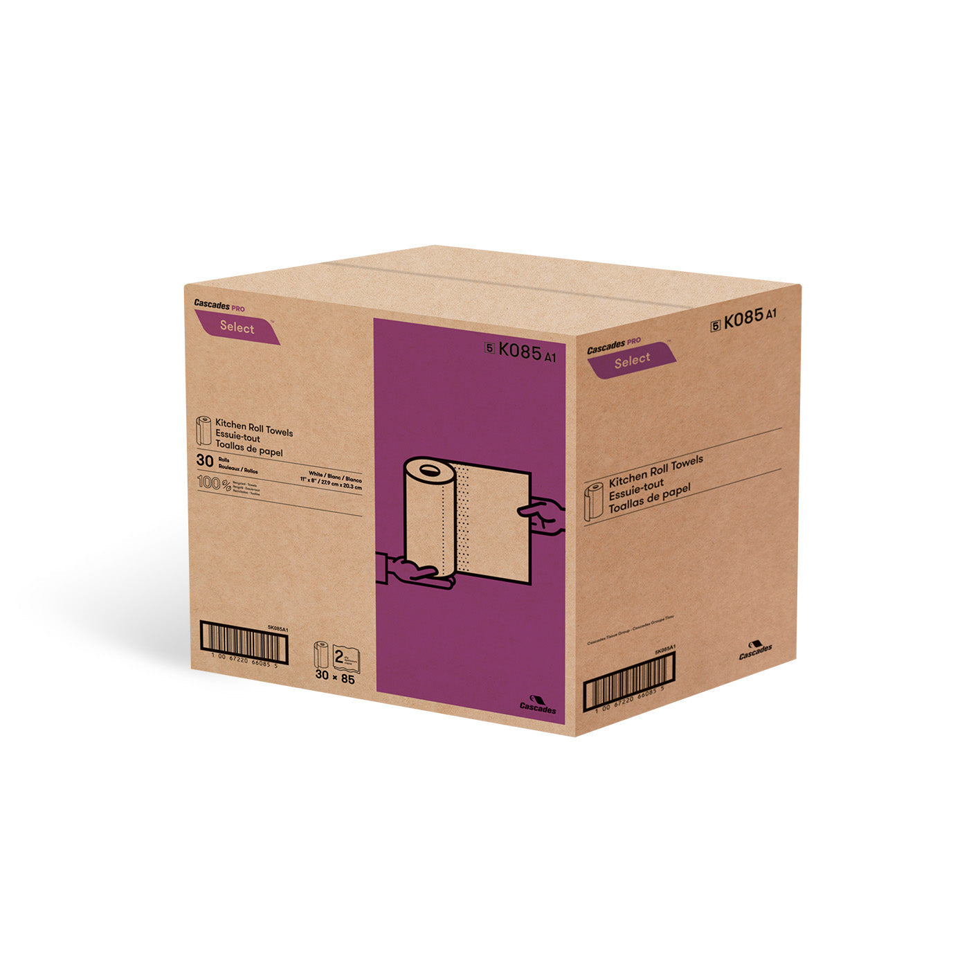 Cascades K085 Kitchen Roll Towel (2-Ply, 11in x 8in, 85 Sheets), 30 Rolls