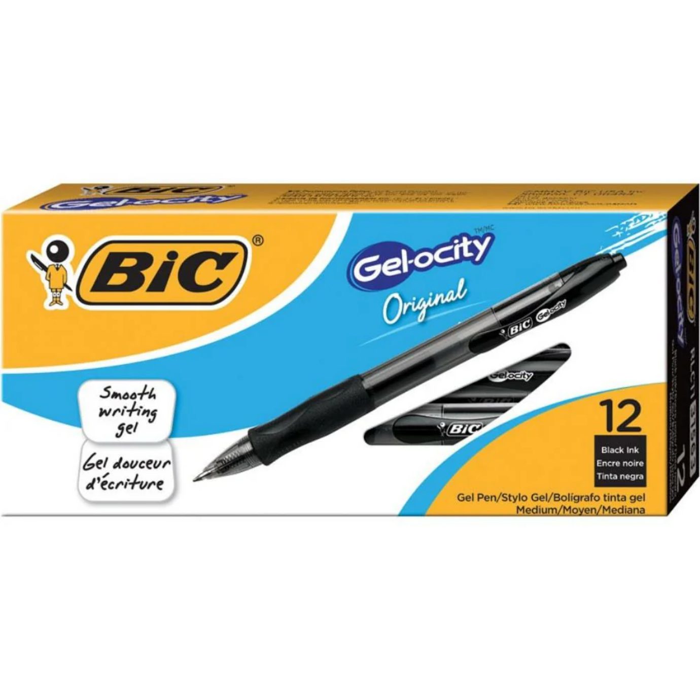 BIC Gel-ocity Retractable Gel Pen (Black Ink, Medium Point 0.7mm, Contoured Grip), 12 Count