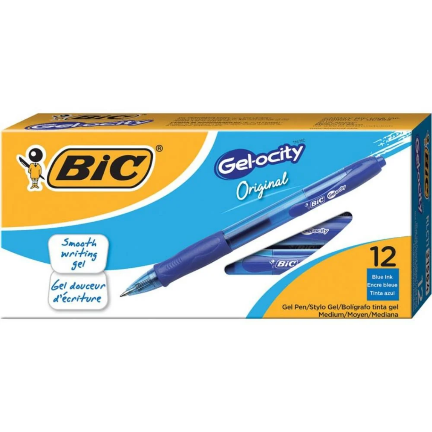 BIC Gel-ocity Retractable Gel Pen (Blue Ink, Medium Point 0.7mm, Contoured Grip), 12 Count