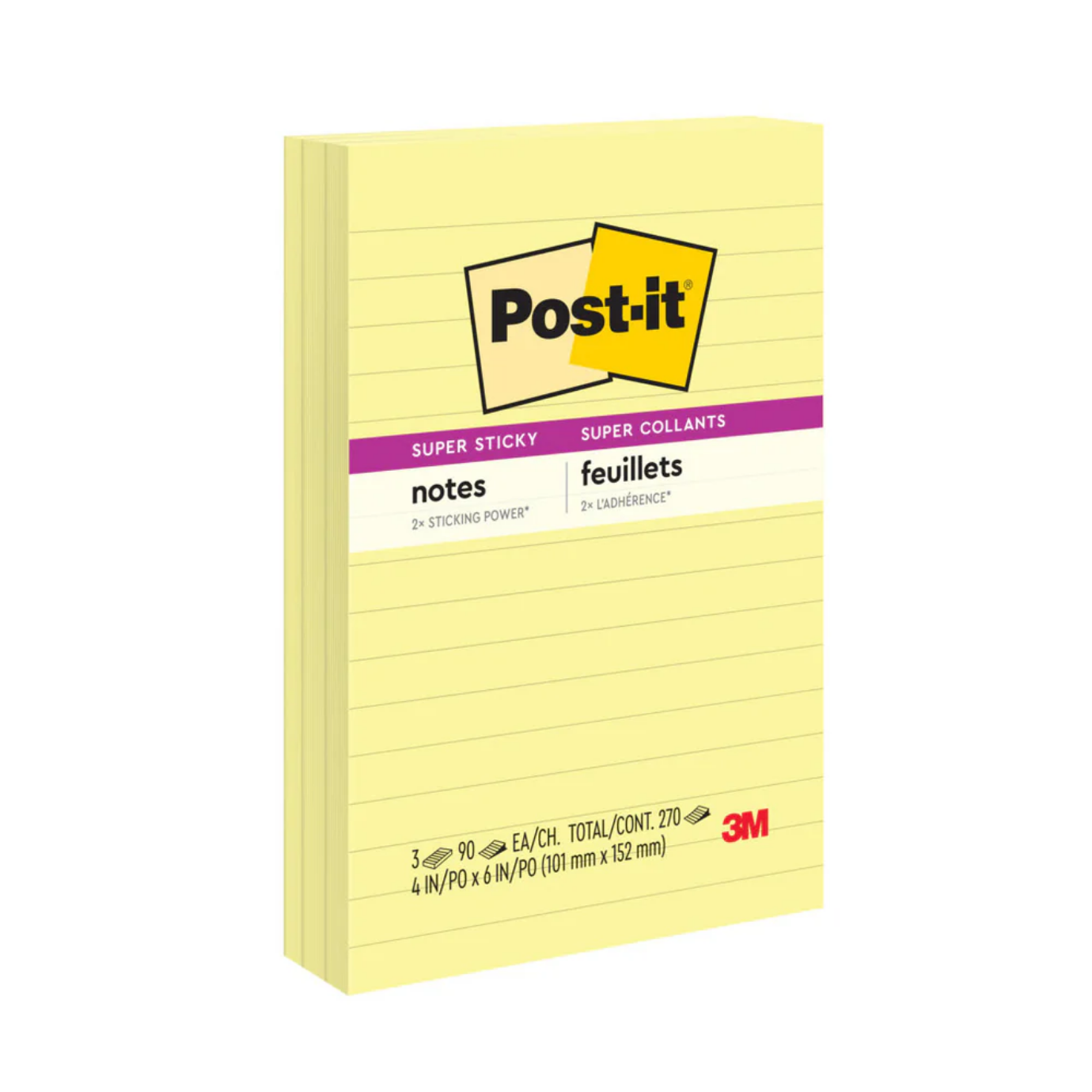 Post-it Super Sticky Sticky Notes (4in x 6in, Canary Yellow, Lined), 270 Count