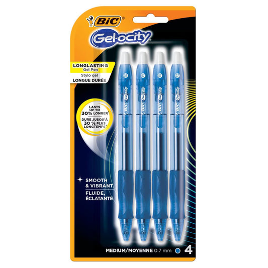 BIC Gel-ocity Retractable Gel Pen (Blue Ink, Medium Point 0.7mm, Contoured Grip), 4 Count
