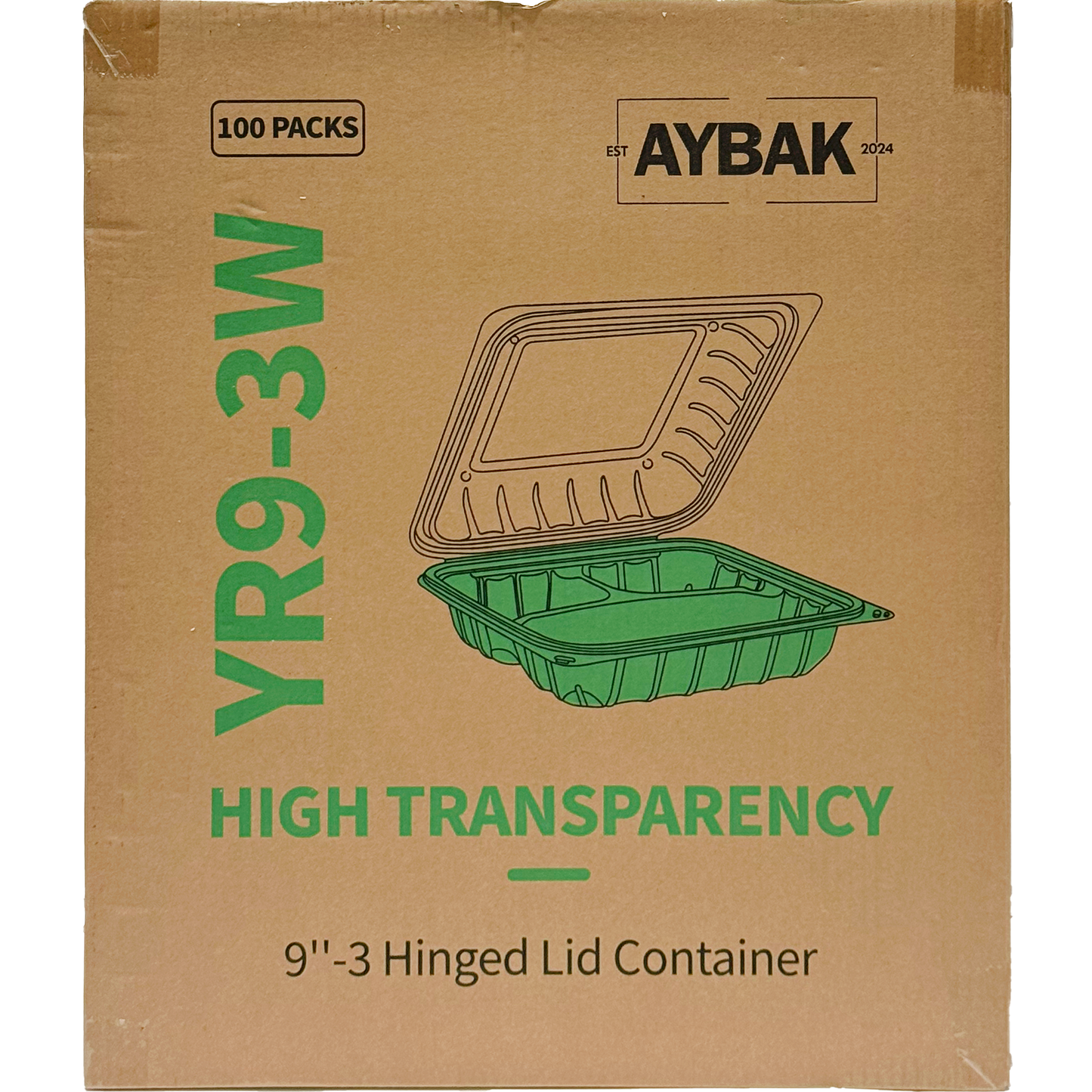 Aybak-93W Hinged PP Clear Top Take-Out (9 x 9 x 3in, 3-Comp), 150 Count