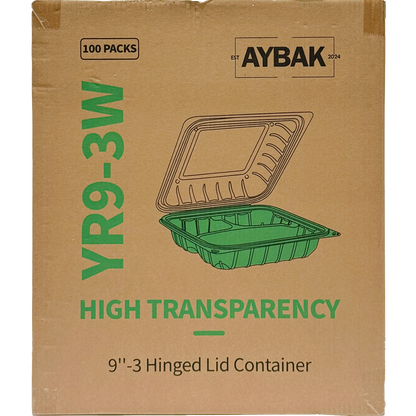 Aybak-93W Hinged PP Clear Top Take-Out (9 x 9 x 3in, 3-Comp), 150 Count
