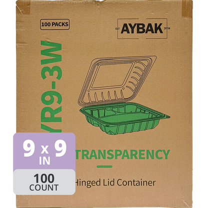 Aybak-93W Hinged PP Clear Top Take-Out (9 x 9 x 3in, 3-Comp), 150 Count
