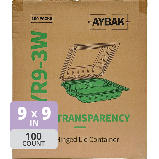 Aybak-93W Hinged PP Clear Top Take-Out (9 x 9 x 3in, 3-Comp), 150 Count