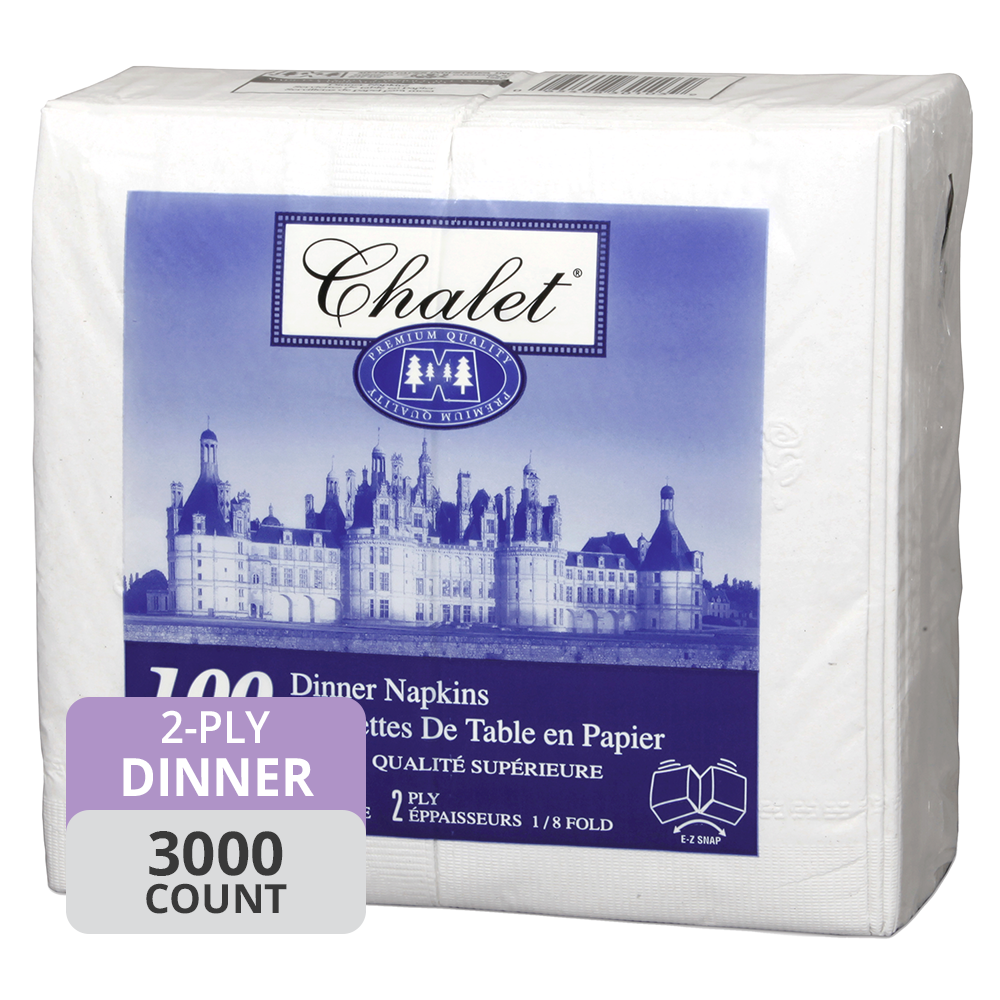 Chalet Dinner Napkins (2-Ply, 15in x 16in, White, 1/8 Fold), 3000 Count