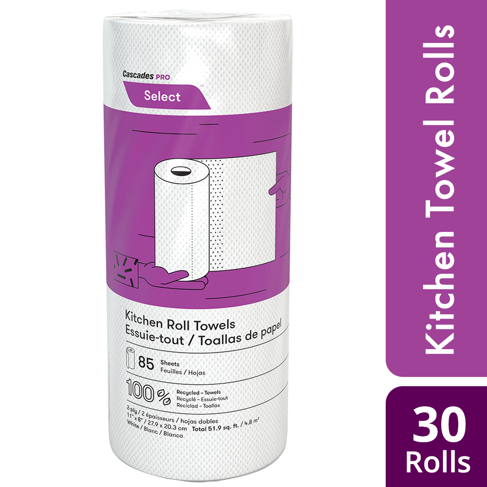 Cascades K085 Kitchen Roll Towel (2-Ply, 11in x 8in, 85 Sheets), 30 Rolls